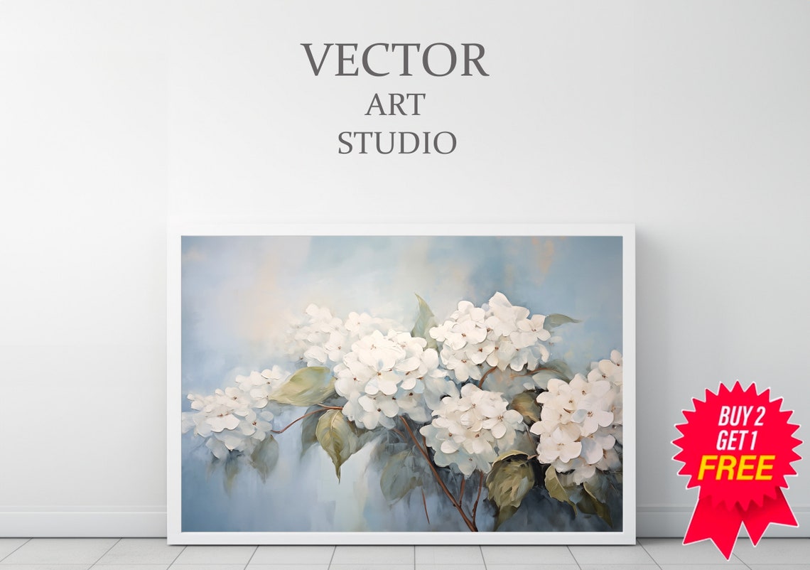 White Hydrangea Branch with Leaves on Blue Spring Botanical Art Poster - Image 3