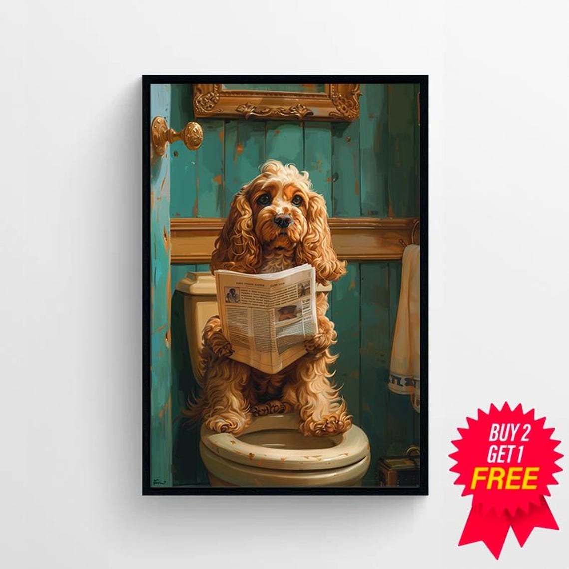 Funny Golden Cocker Spaniel Reading Newspaper on the Toilet Poster - Image 4