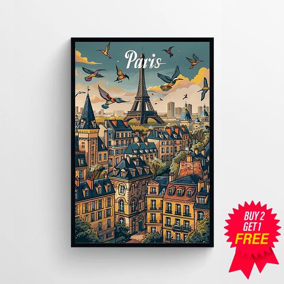Paris Eiffel Tower With Flying Birds At Sunset Travel Poster - Image 4