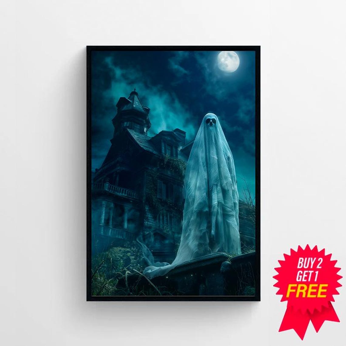Ghost Standing By Haunted Mansion Under Full Moon Halloween Poster - Image 4
