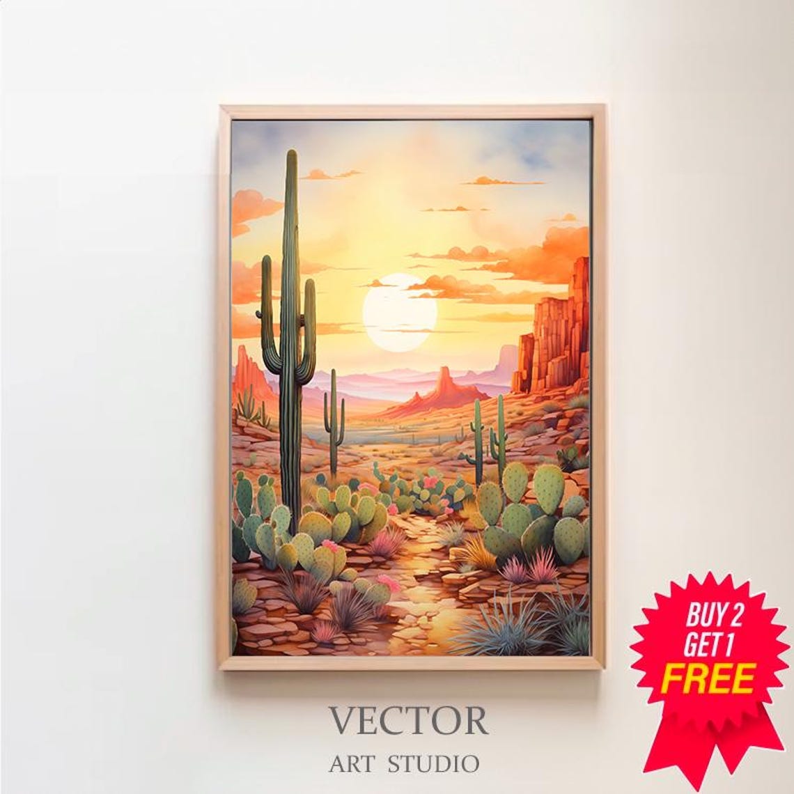 Sonoran Desert Sunset with Saguaro Cactus and Red Rock Poster