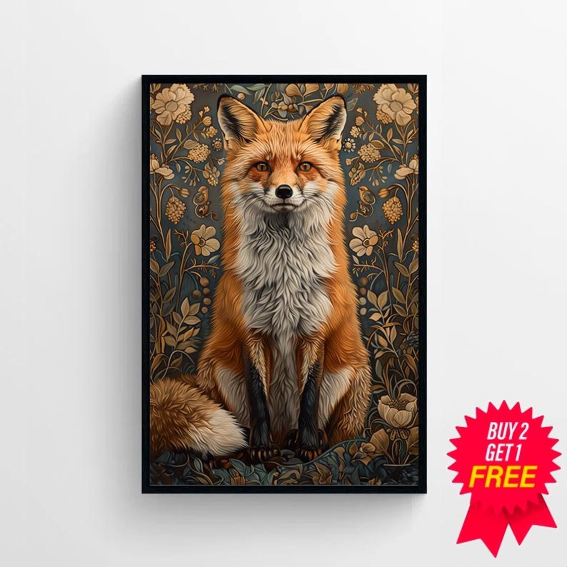 Red Fox in a Golden Floral Garden Vintage Botanical Style Art Poster - Image 4