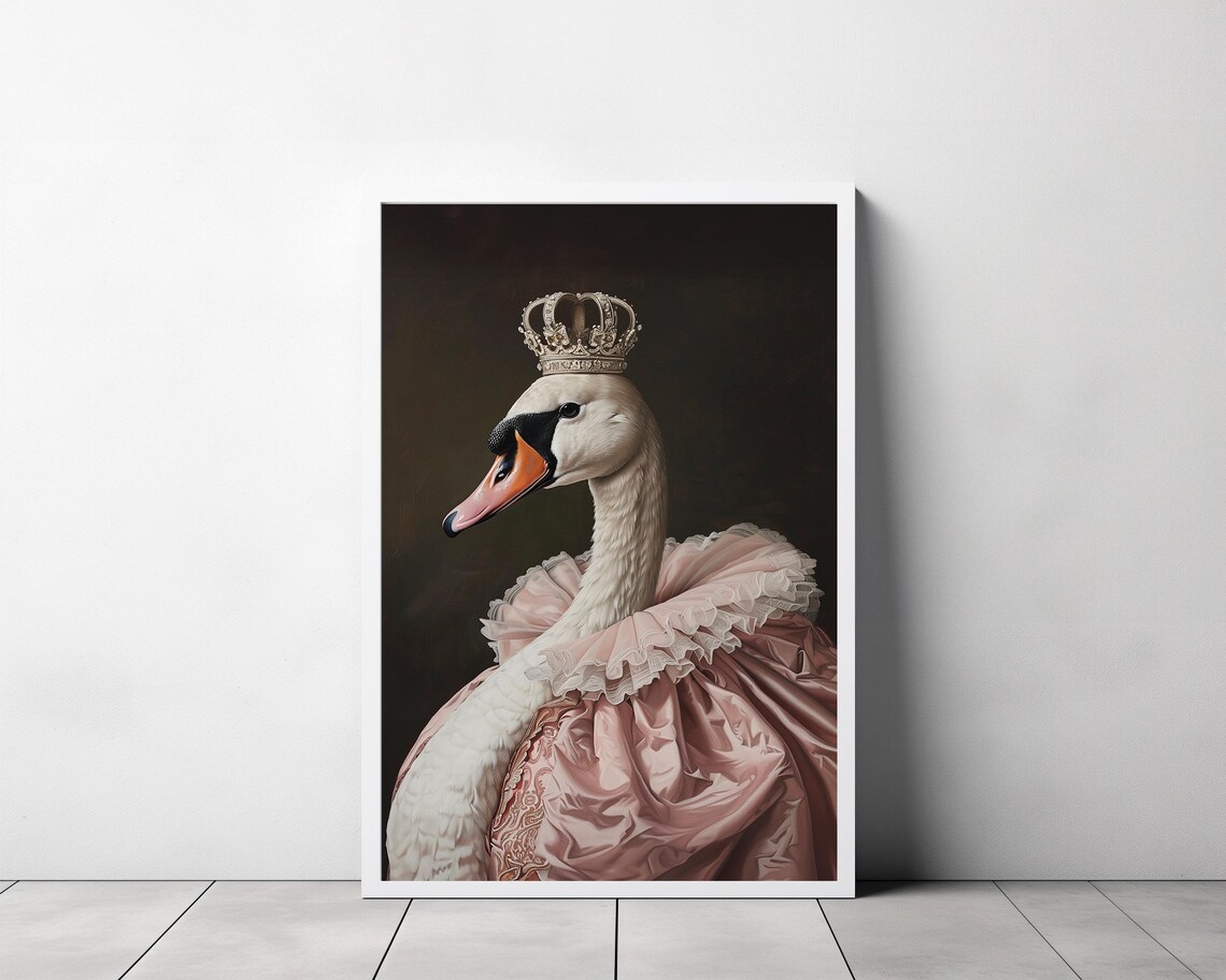 Elegant Crowned White Swan in Pink Gown Royal Portrait Animal Poster - Image 3