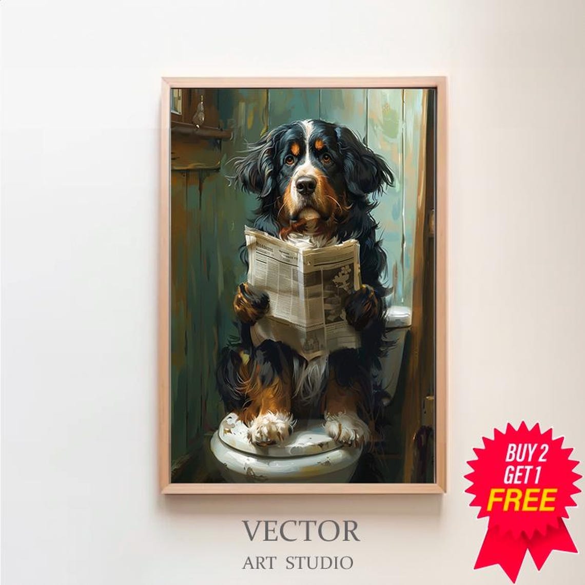 Funny Bernese Mountain Dog Reading Newspaper on Toilet Poster