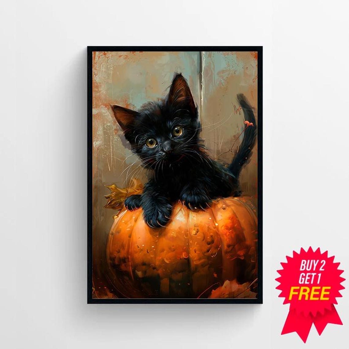 Curious Black Kitten on Pumpkin with Tail Up Fall Halloween Poster - Image 4
