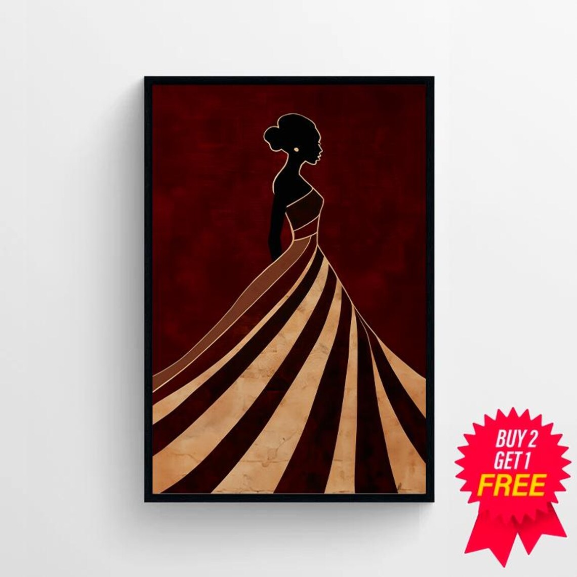 Flowing Gown Silhouette Burgundy Gold Stripes Fashion Poster - Image 4