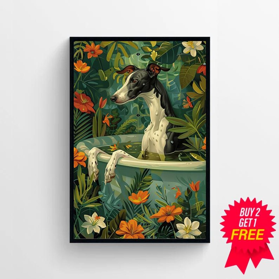 Greyhound Dog Bath Time Paws Over Tub Tropical Flowers Bathroom Poster - Image 4