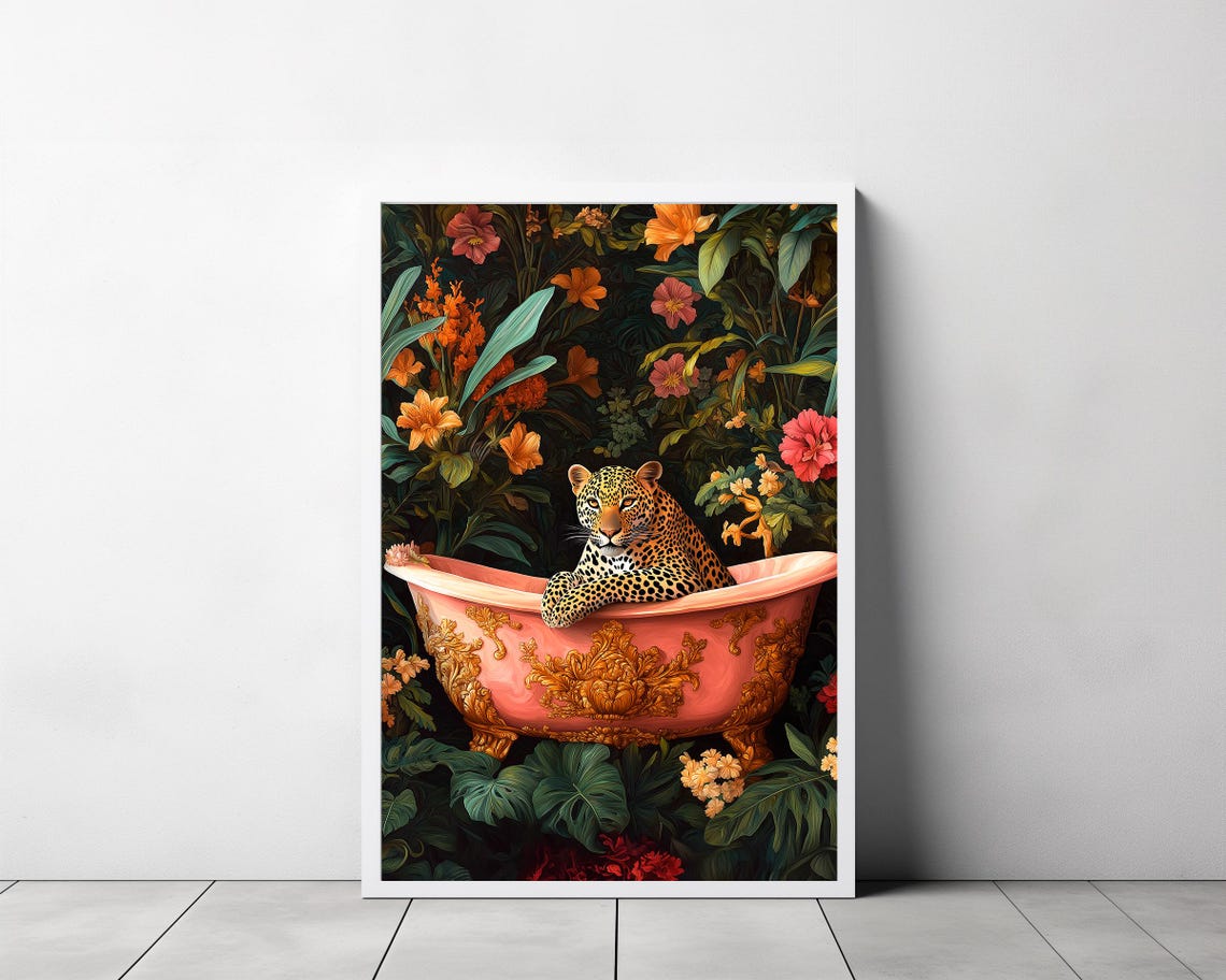 Leopard Lounging In A Pink Bathtub Maximalist Jungle Art Poster - Image 3