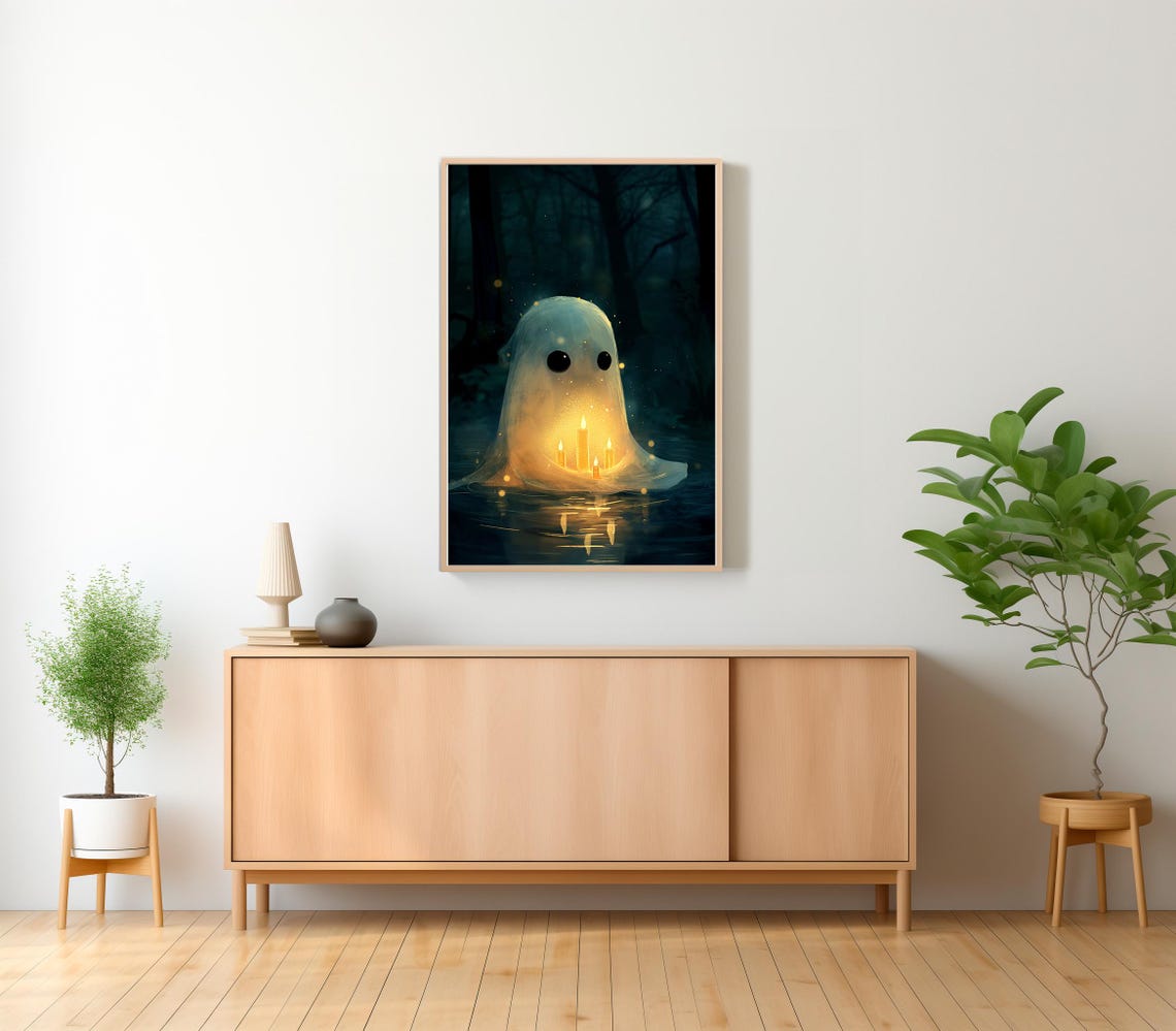 Cute Glowing Ghost with Candles Floating on Dark Water Poster - Image 2