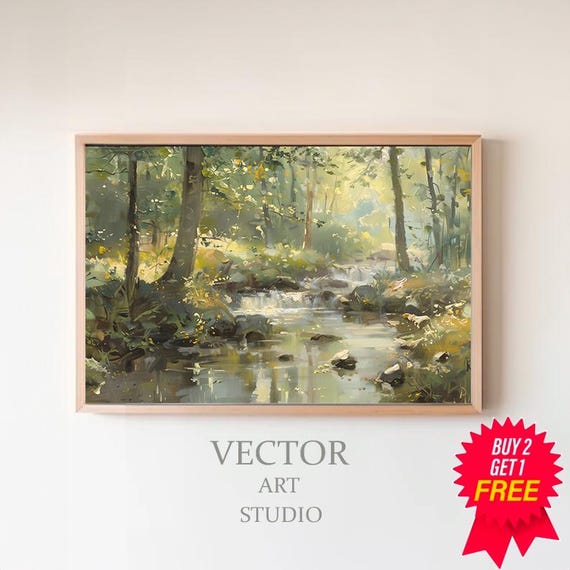 Spring Stream Landscape Painting Frame Tv Art Easter Green Earthy Summer Tv Decor Spring Forest River Scenery Screensaver