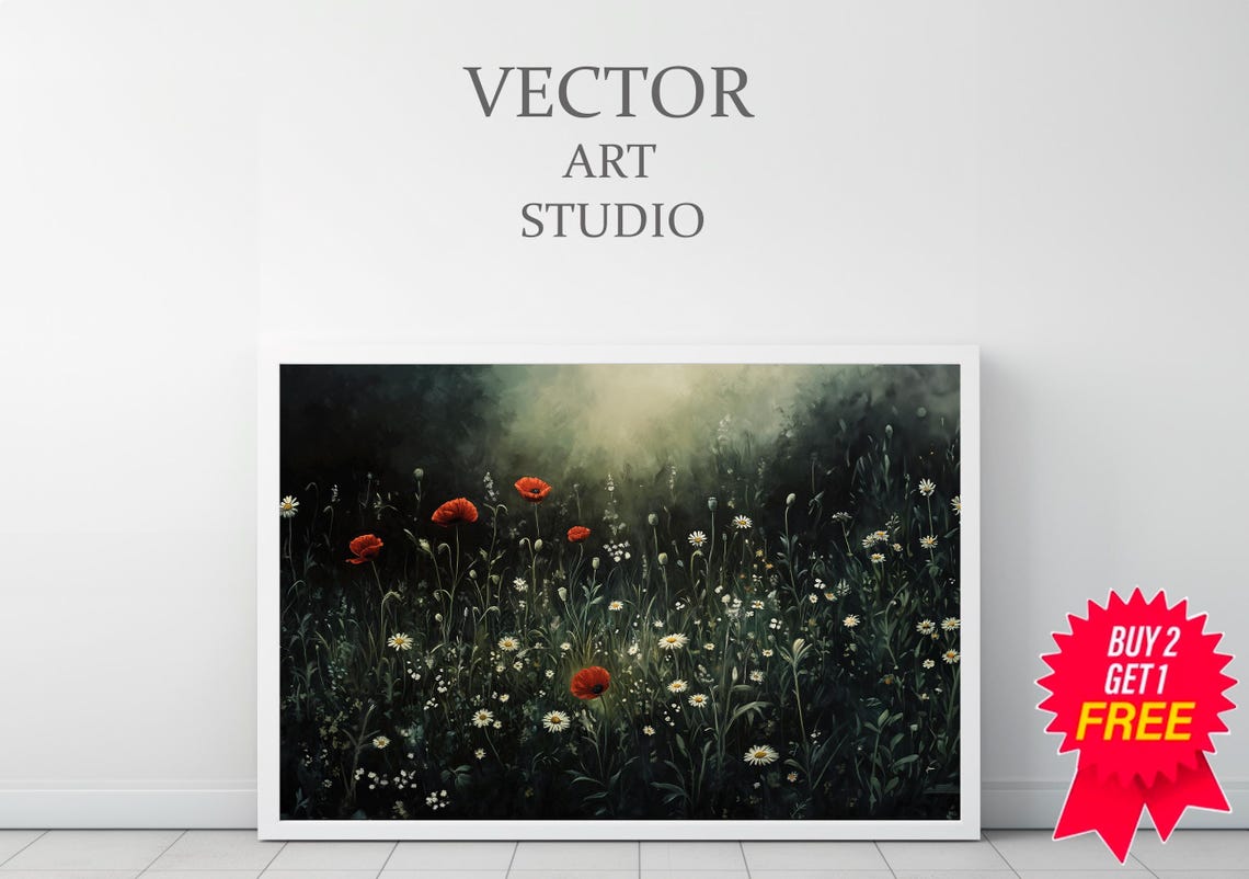 Red Poppies and White Daisies Moody Dark Wildflower Meadow Poster - Image 3