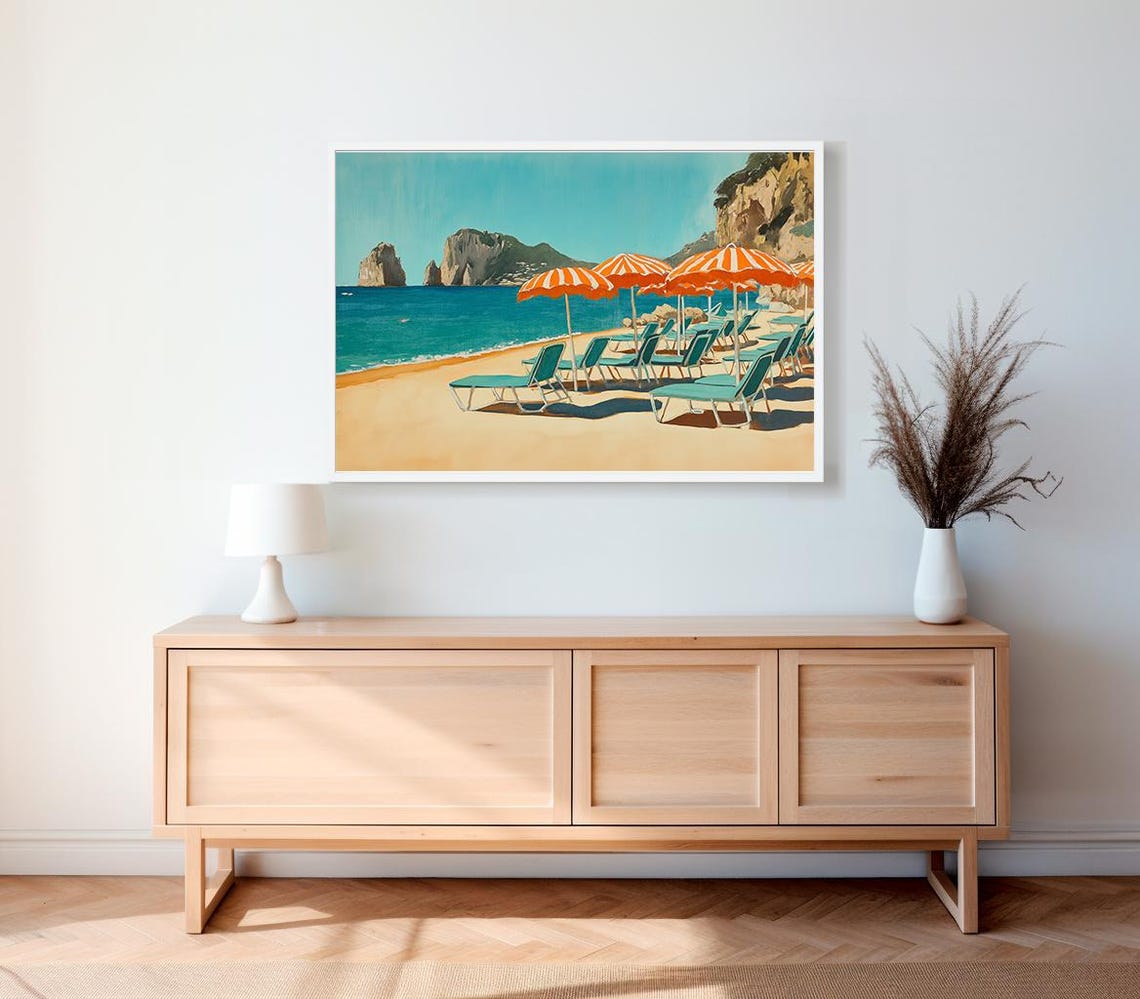 Capri Faraglioni Rocks With Orange Striped Umbrellas Beach Poster - Image 2