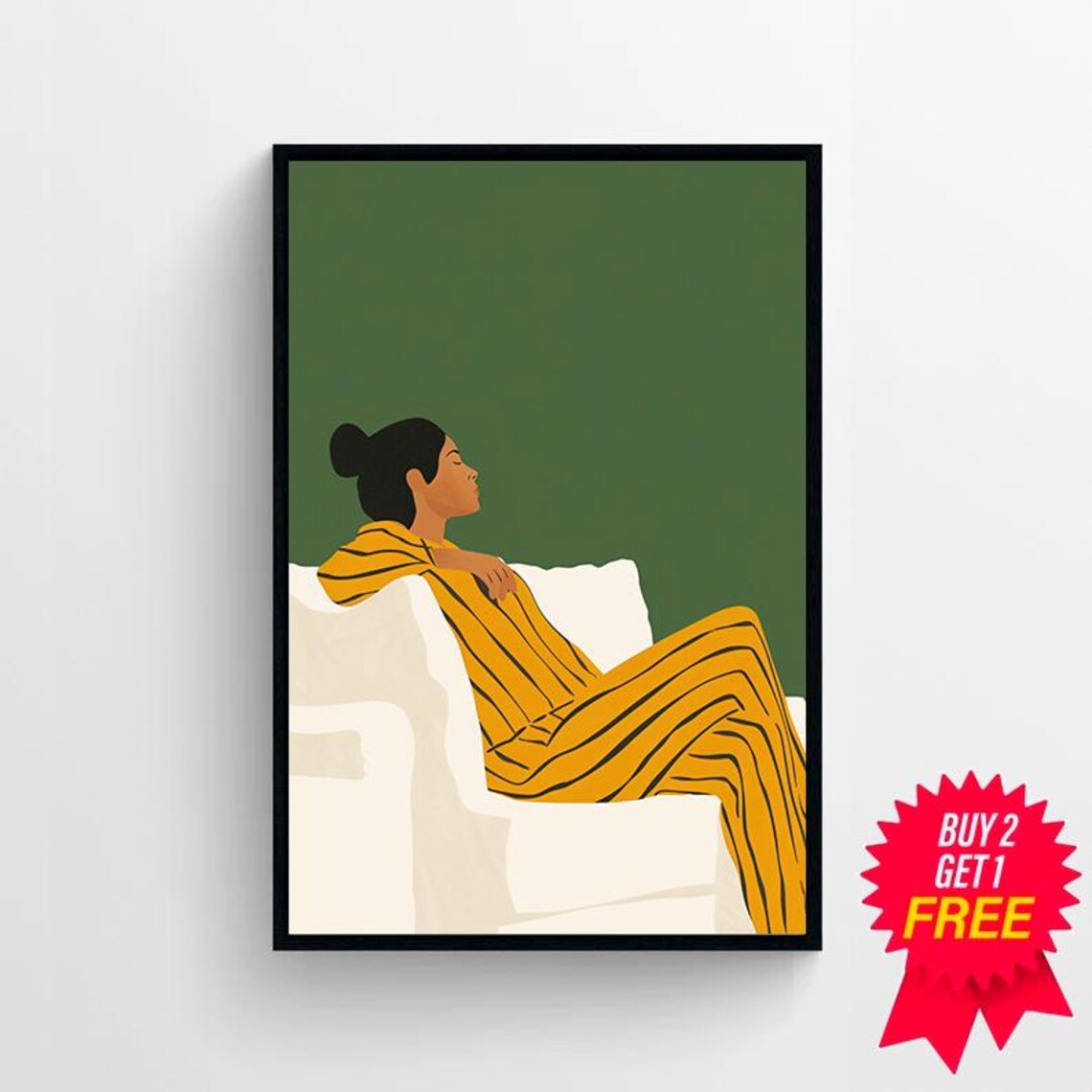 Woman in Yellow Stripes Lounging on a White Armchair Art Poster - Image 4