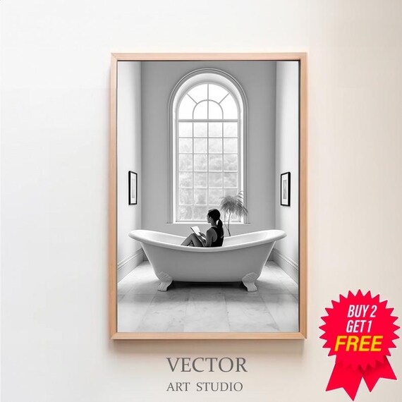 Woman Reading in a Clawfoot Tub Black and White Bathroom Art Poster