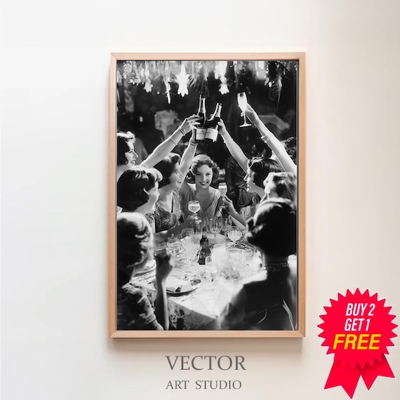 Women Raising Champagne Bottles in Celebration Black and White Poster