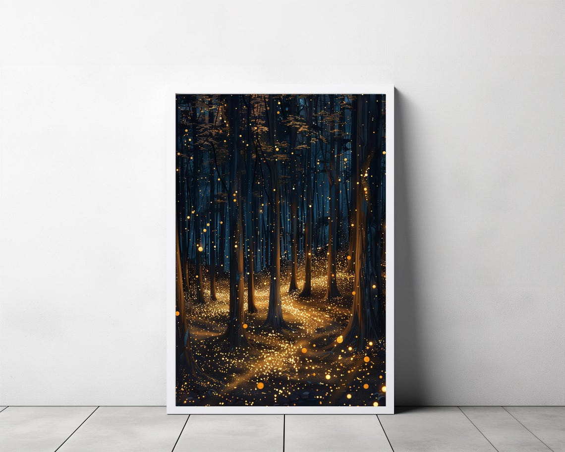 Magic Forest Wall Art Fantasy Painting Fireflies Poster Lightning Bug Electric Forest - Image 3