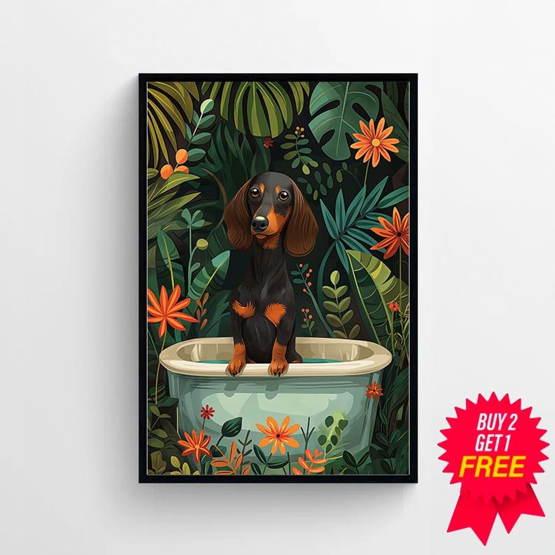 Black and Tan Dachshund Puppy Bath Time Blue Tub Botanical Poster - Image 4