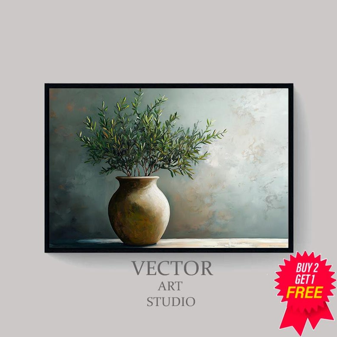 Olive Branches In Aged Bronze Pot Moody Botanical Still Life Poster - Image 4
