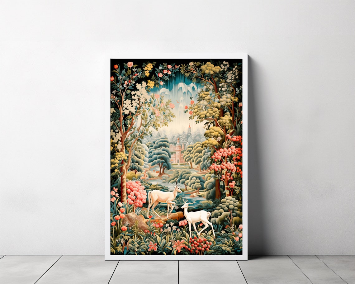 Tapestry Style Enchanted Forest with Two White Deer Vintage Art Poster - Image 3