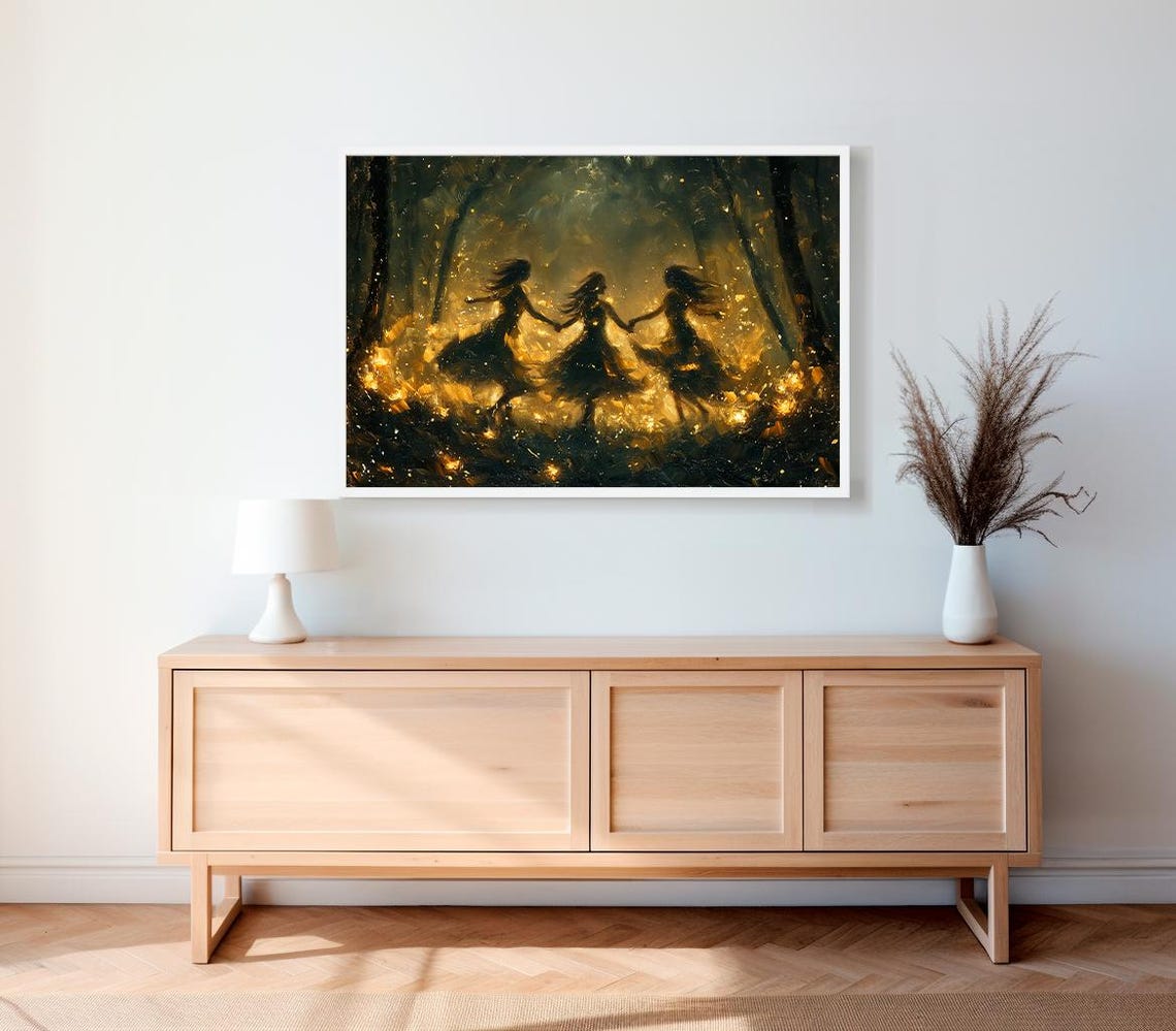 Golden Forest Dancing Fairies in Ember Glow Night Scene Poster - Image 2