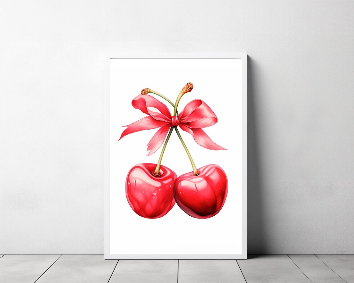 Cherry Wall Art Print Feminine Poster Trendy Wall Art Coquette Pink Bow Soft Girl Bedroom Decor Preppy College Apartment Print - Image 3