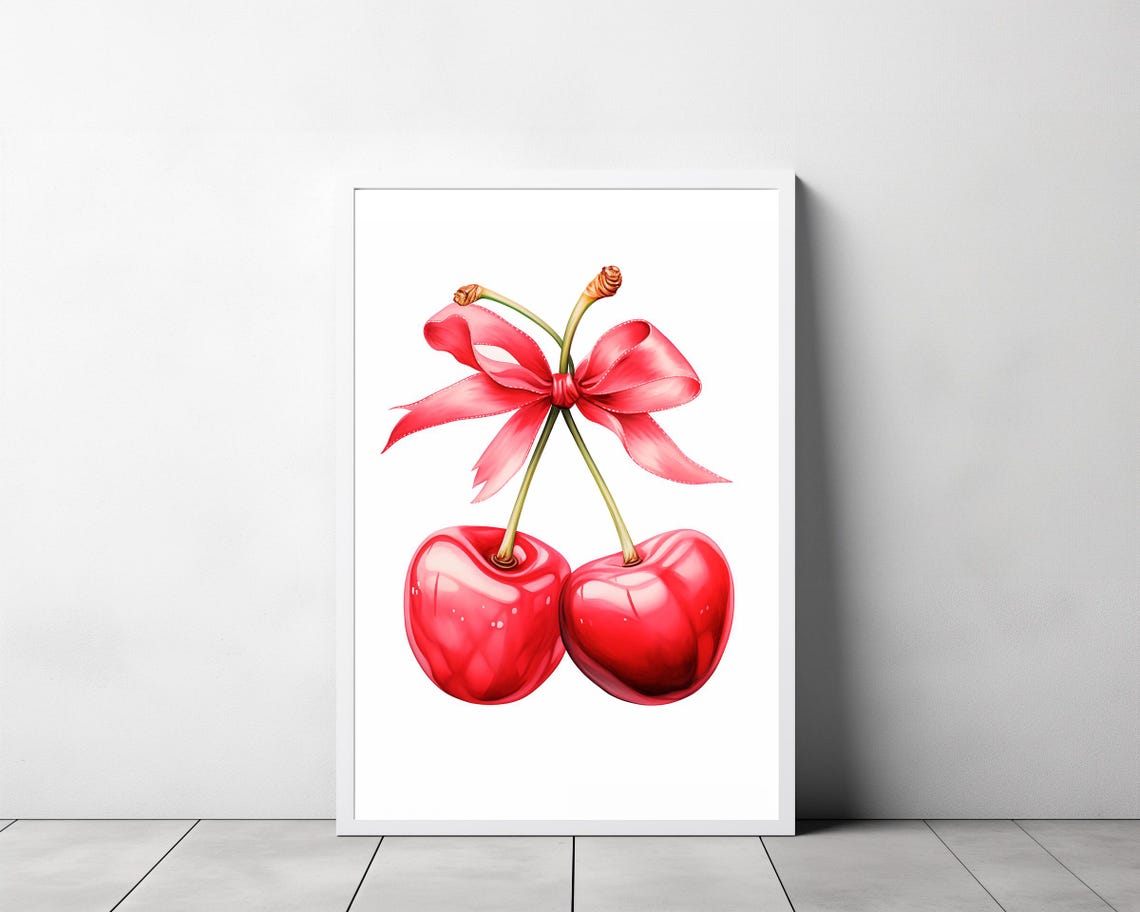 Glossy Red Cherries with Pink Bow Stems Preppy Kitchen Poster - Image 3