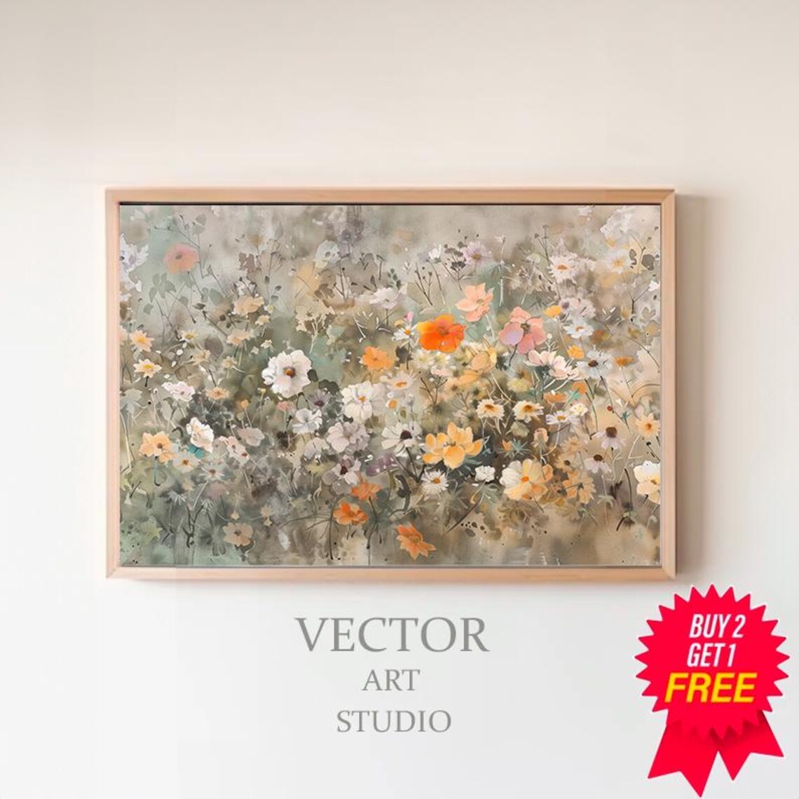 Muted Sage Wildflowers Orange White Blooms Vintage Floral Poster