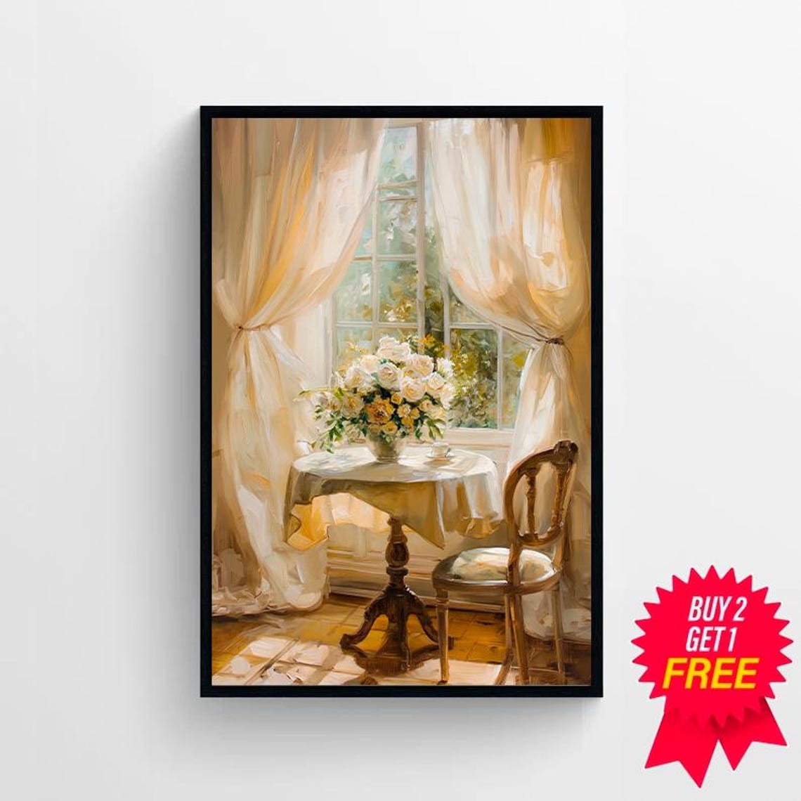 Bright Sunlit Window Nook with Sheer Curtains and Roses Poster - Image 4