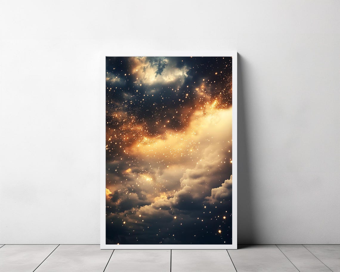 Golden Starry Night Sky Over Luminous Amber Cloud Formation Poster - Image 3