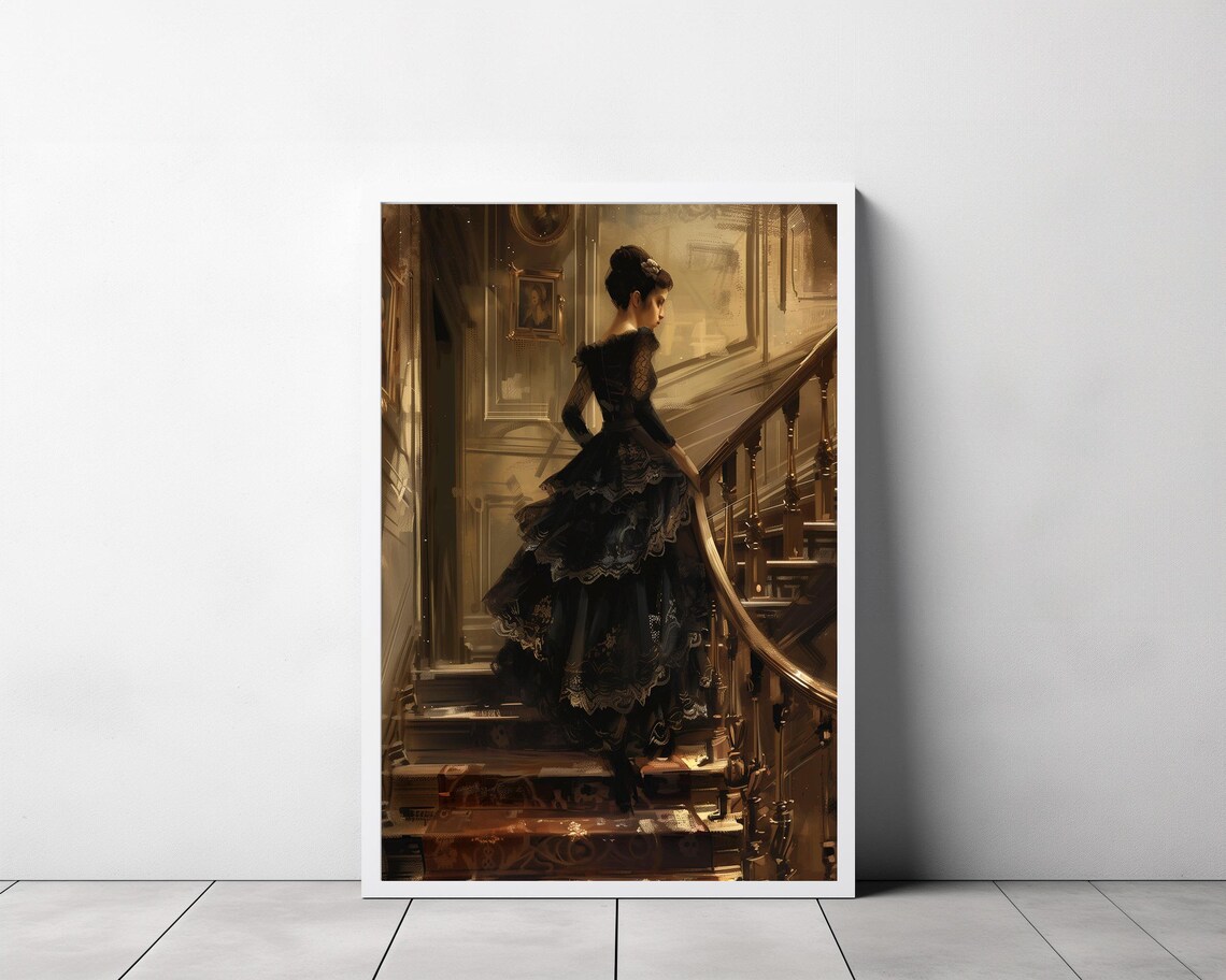 Elegant Lady Descending Golden Lit Staircase Baroque Style Poster - Image 3