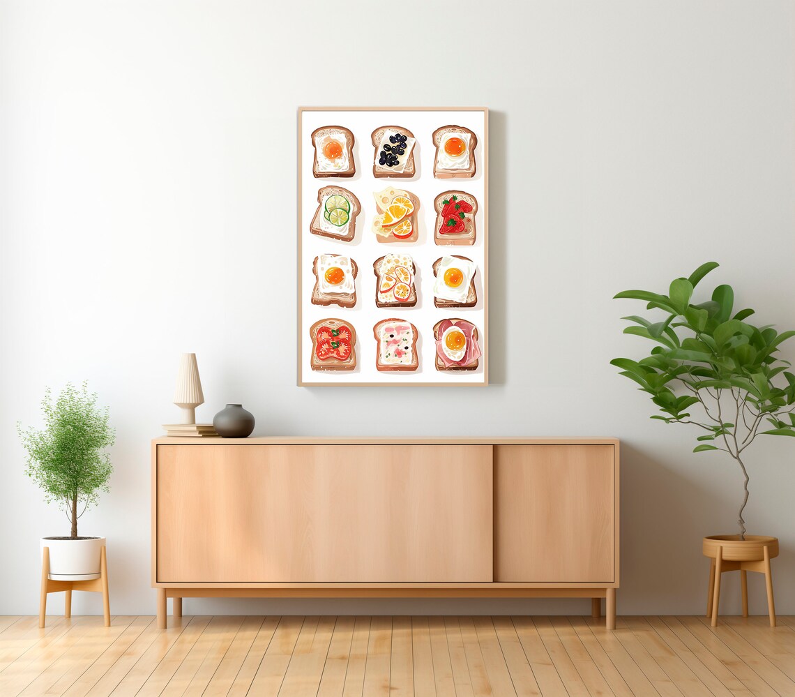 Toast Breakfast Print Avocado Toast Decor Trendy Kitchen Wall Art Kitchen Decor Minimalist Food Ingredient Print Foodie Art Print - Image 2