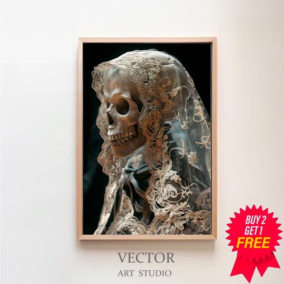 Skull Bride in Antique Lace Veil Gothic Dark Academia Halloween Poster