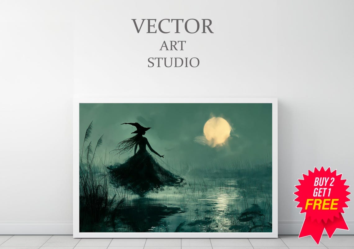 Witch Silhouette in a Moonlit Marsh with Reeds Halloween Poster - Image 3