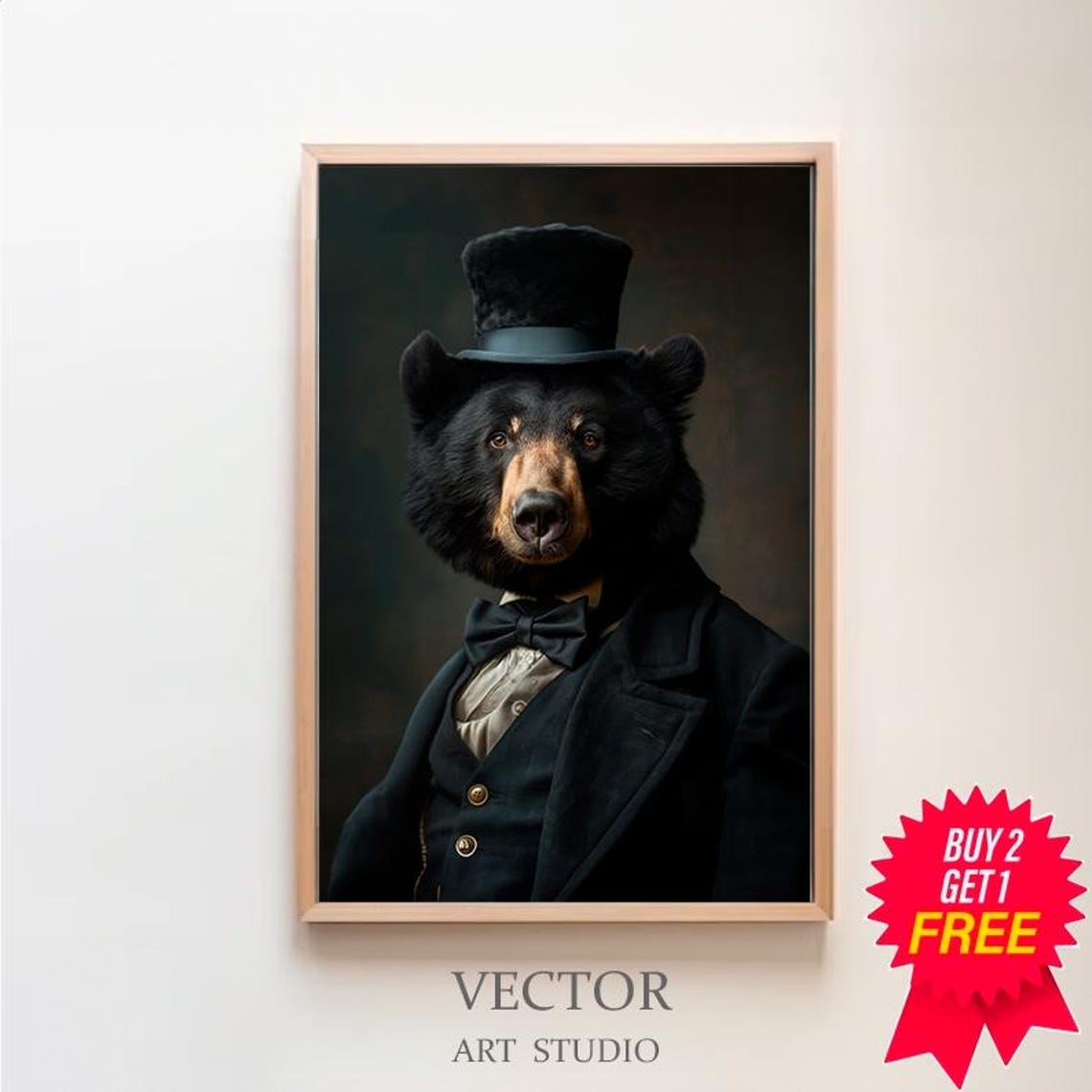 Dapper Black Bear In Top Hat Bow Tie Victorian Portrait Poster