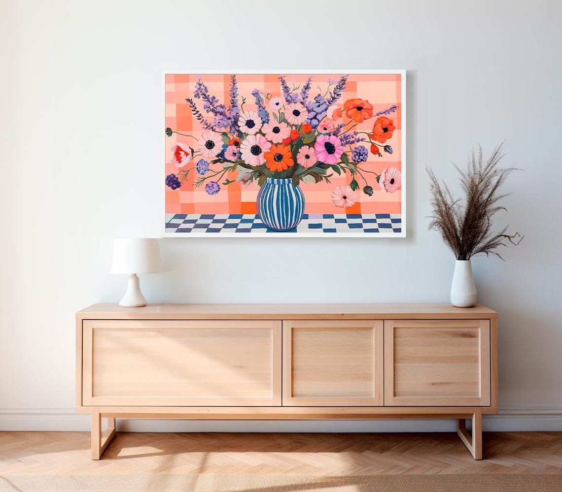 Bold Floral Still Life in Striped Vase on Checkerboard Poster - Image 2