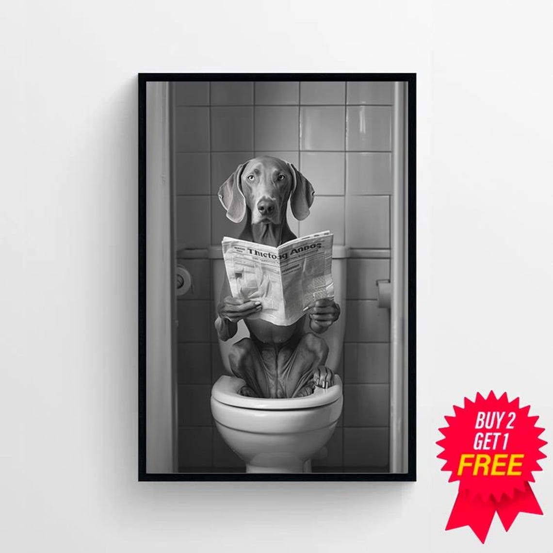 Grey Weimaraner on Toilet Wide Shot Reading Paper Funny Poster - Image 4