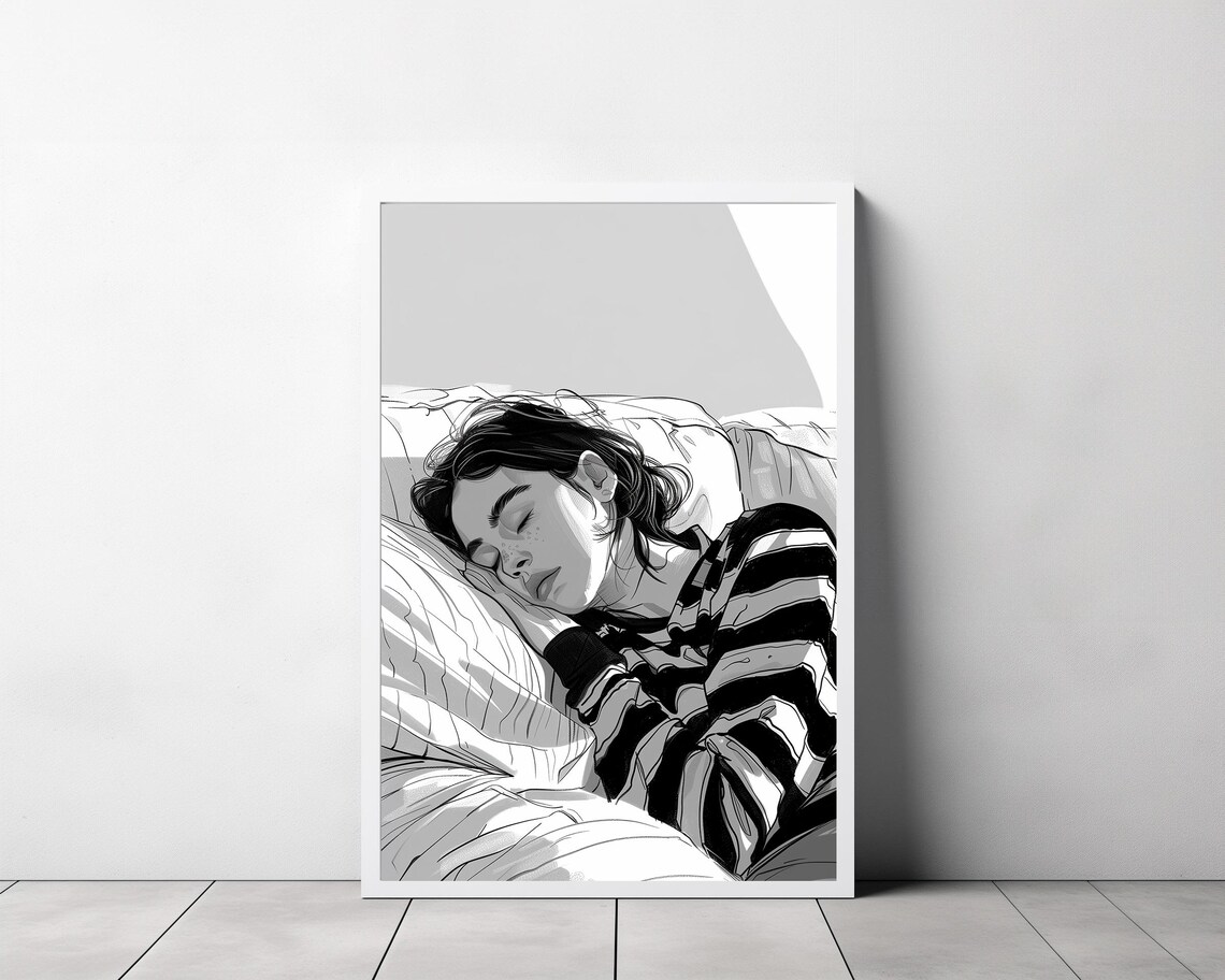 Black and White Sketch of a Woman Sleeping in Stripes Poster - Image 3
