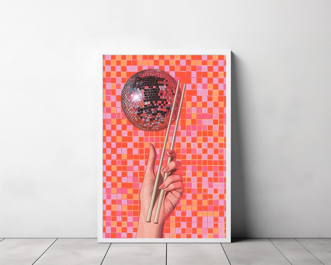 Disco Ball Lifted by Chopsticks on a Pink and Orange Pixel Grid Poster - Image 3