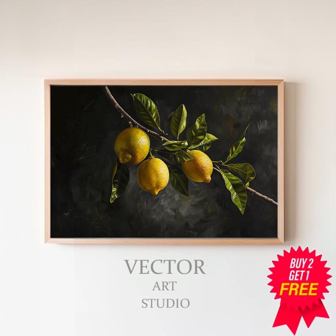 Moody Oil Painting of Three Lemons on a Branch with Leaves Poster