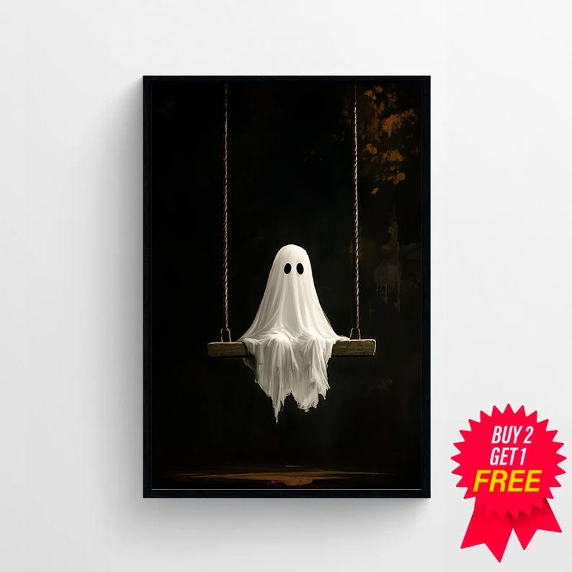 Adorable Sheet Ghost Sitting on a Swing in the Dark Night Poster - Image 4