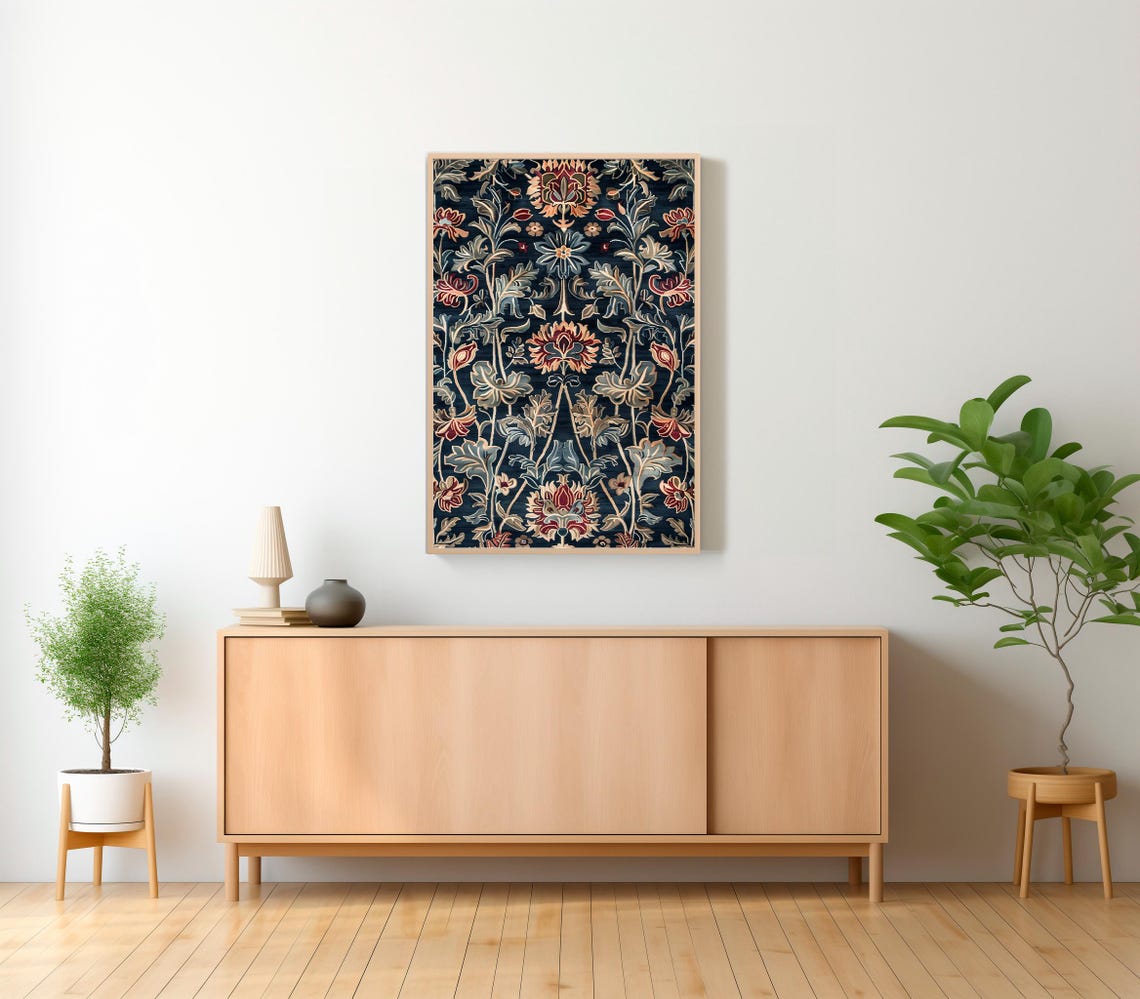 William Morris Style Navy Botanical Tapestry Floral Art Poster - Image 2