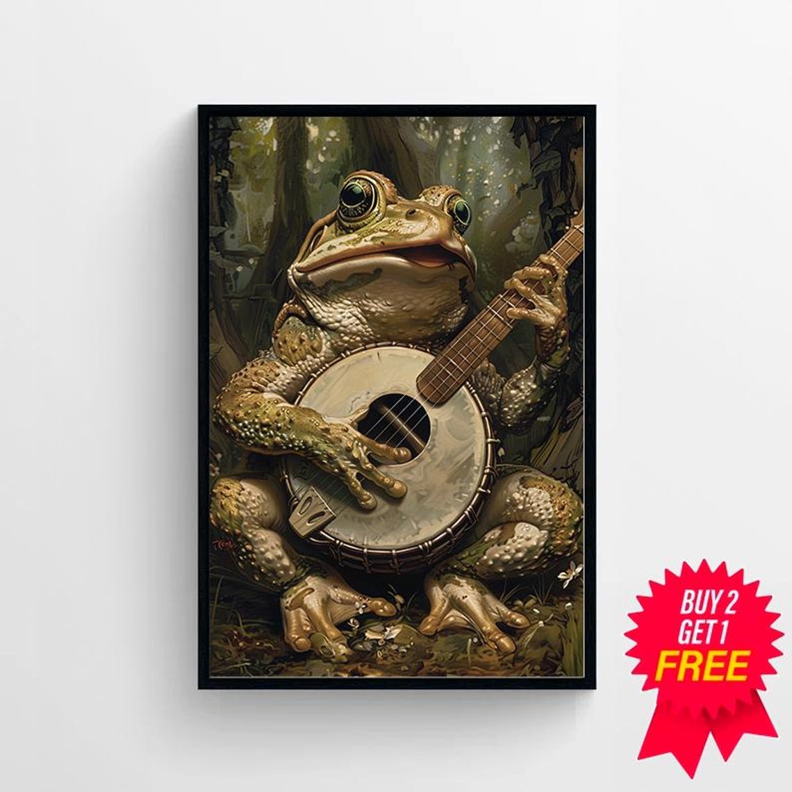 Smiling Frog Playing Banjo Vintage Forest Animal Portrait Poster - Image 4