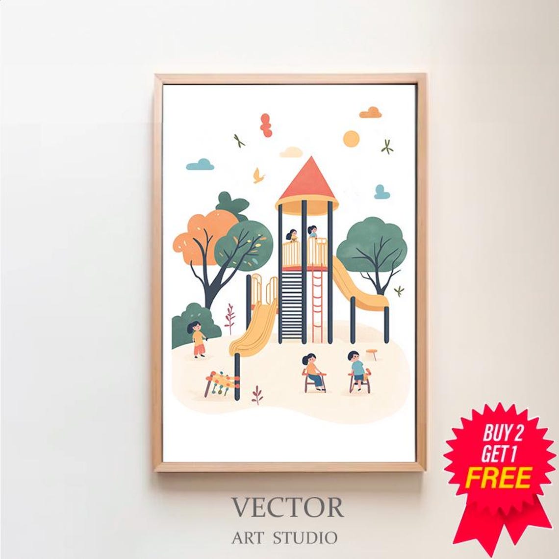 Playground Tower with Sunny Yellow Slides Cheerful Kids Poster
