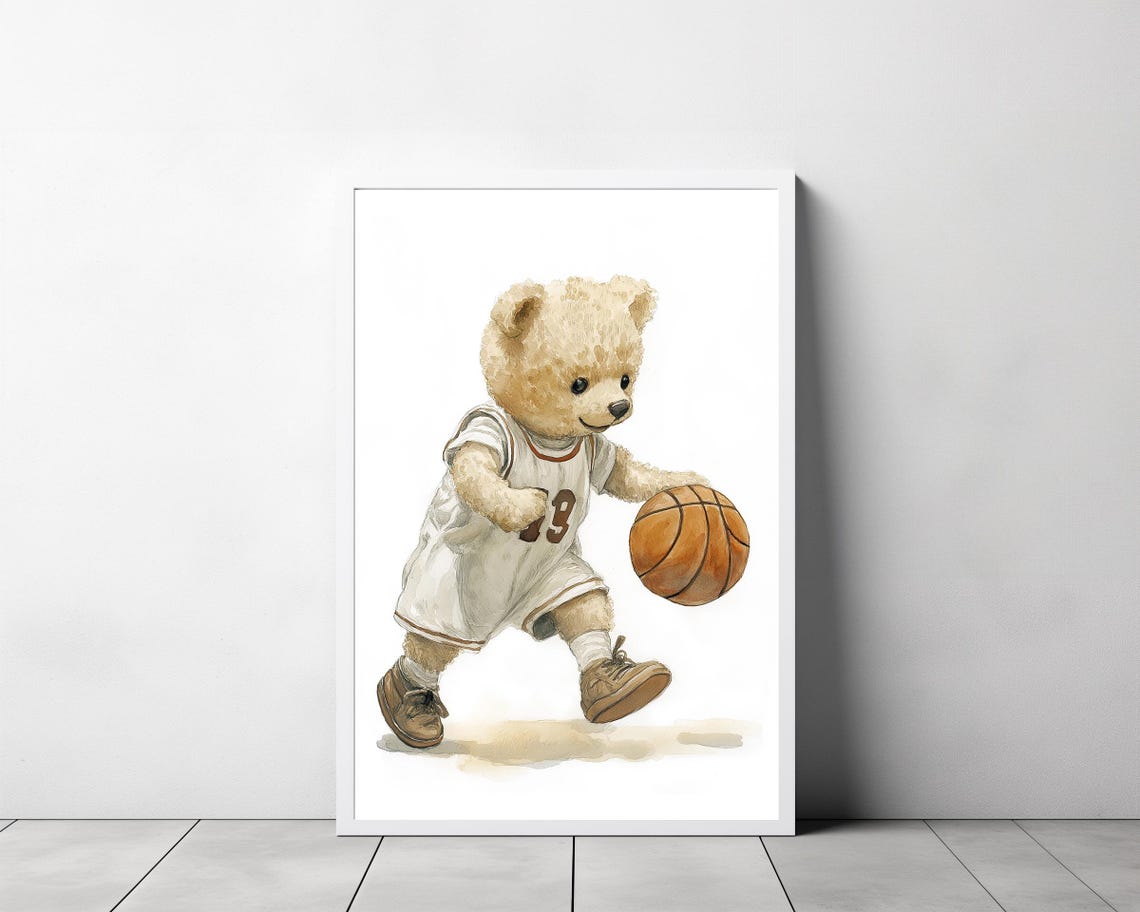 Teddy Bear in Number 9 Jersey Dribbling a Basketball Watercolor Poster - Image 3