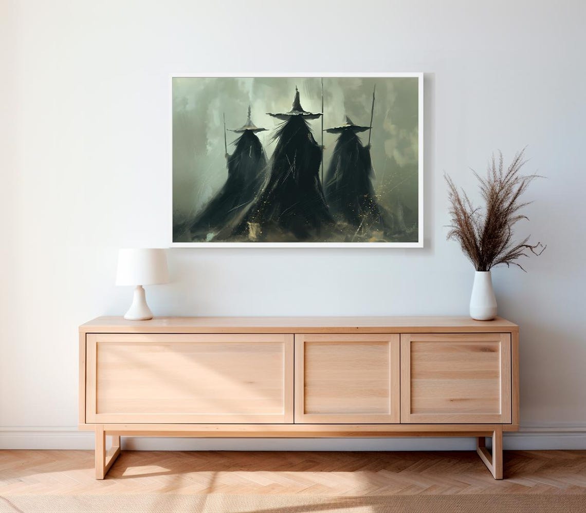 Three Witches in Misty Fog Vintage Halloween Painting Wall Art - Image 2