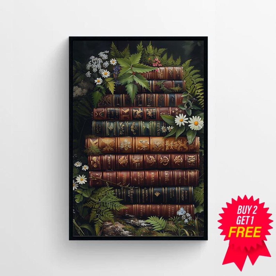 Antique Leather Books Stacked High With Ferns and Daisies Poster - Image 4