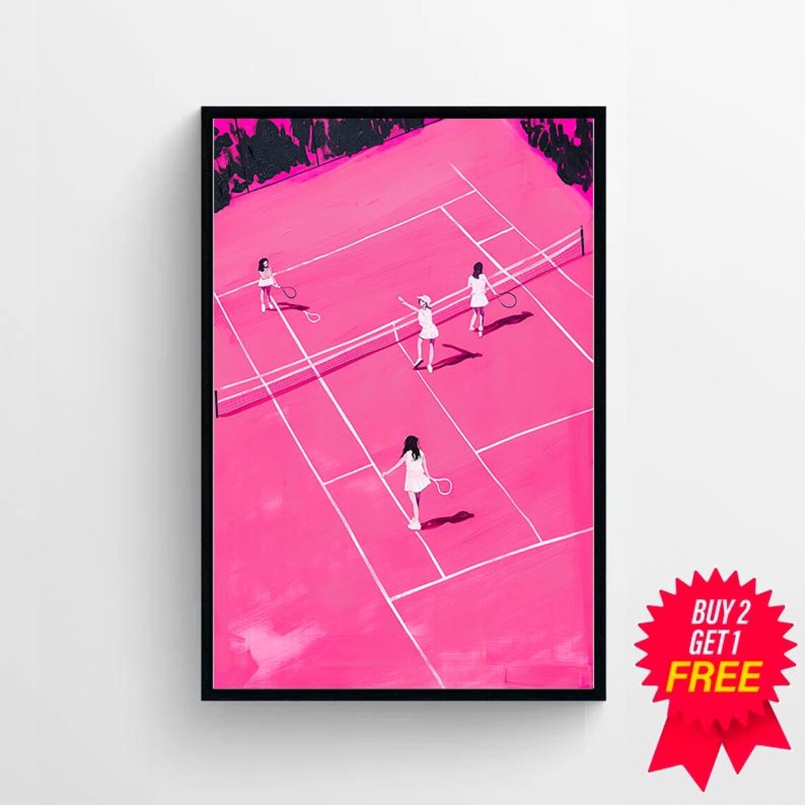 Bold Hot Pink Tennis Court Illustration with Four Small Players Poster - Image 4
