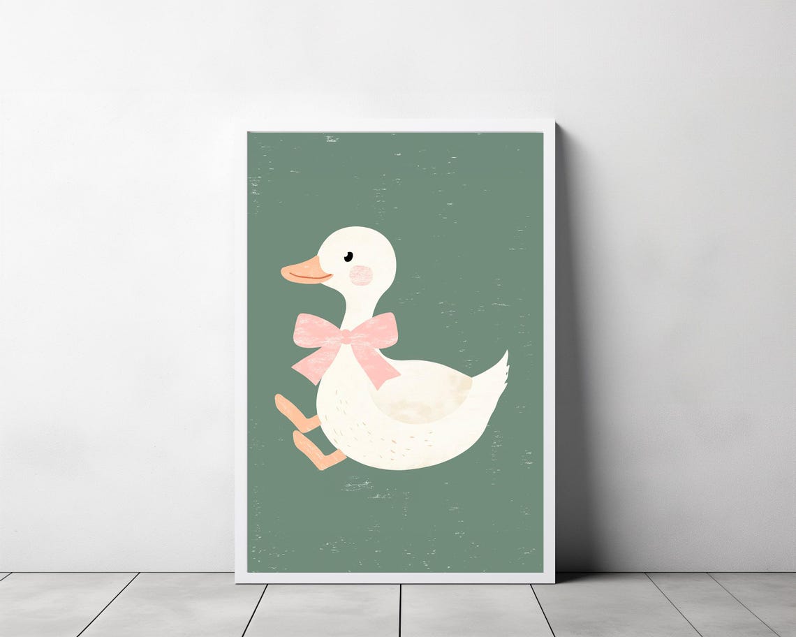 Cute Blushing Duck With Pink Bow on Sage Green Nursery Poster - Image 3