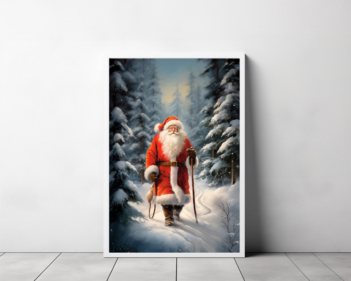 Smiling Santa Claus Strolling Through a Moonlit Snowy Forest Poster - Image 3