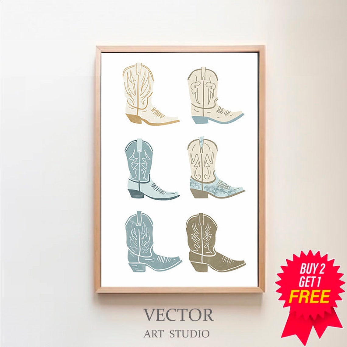 Blue Cowgirl Boots Set Print Preppy Wall Poster Cowgirl Trendy Wall Art Western Bedroom Decor Rodeo Cowgirl Print